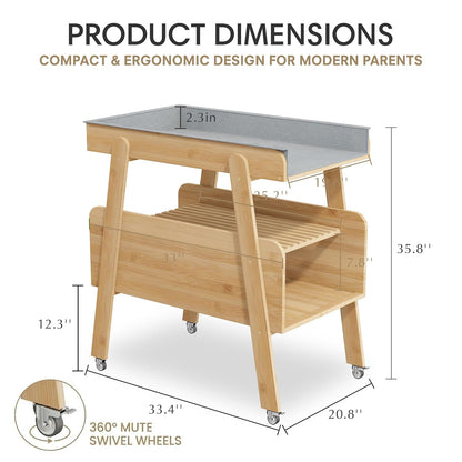 Diaper Changing Station Baby Flat Top Changing Table with Wheels and Changing Pad Nursery Organizer & Storage Rack Mobile Nursery Diaper Changing Table for Baby, Newborn (Nature)
