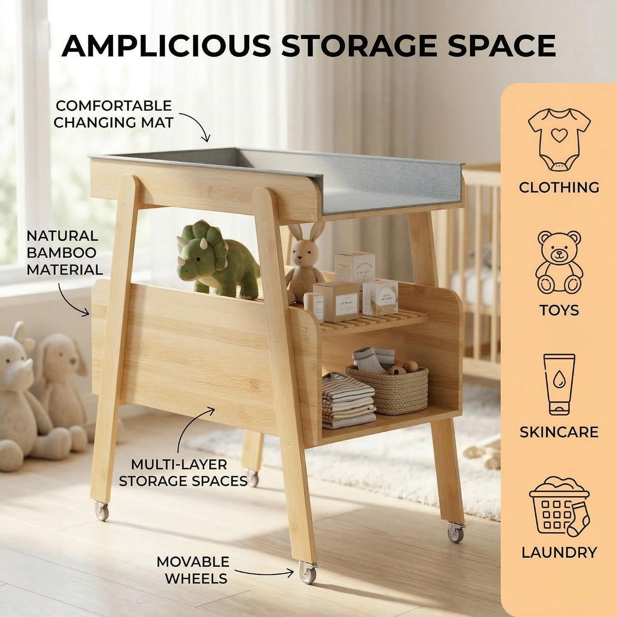 Diaper Changing Station Baby Flat Top Changing Table with Wheels and Changing Pad Nursery Organizer & Storage Rack Mobile Nursery Diaper Changing Table for Baby, Newborn (Nature)