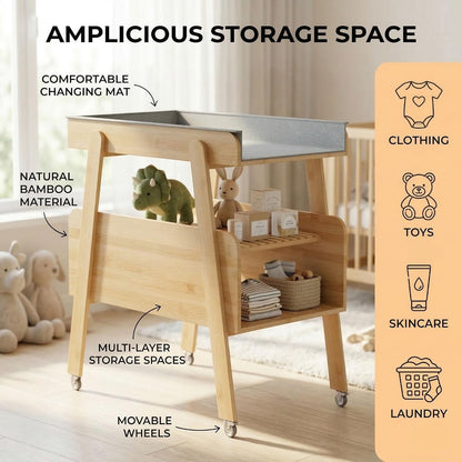 Diaper Changing Station Baby Flat Top Changing Table with Wheels and Changing Pad Nursery Organizer & Storage Rack Mobile Nursery Diaper Changing Table for Baby, Newborn (Nature)