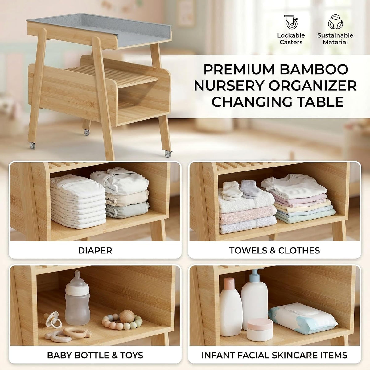 Diaper Changing Station Baby Flat Top Changing Table with Wheels and Changing Pad Nursery Organizer & Storage Rack Mobile Nursery Diaper Changing Table for Baby, Newborn (Nature)
