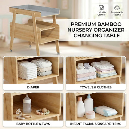 Diaper Changing Station Baby Flat Top Changing Table with Wheels and Changing Pad Nursery Organizer & Storage Rack Mobile Nursery Diaper Changing Table for Baby, Newborn (Nature)