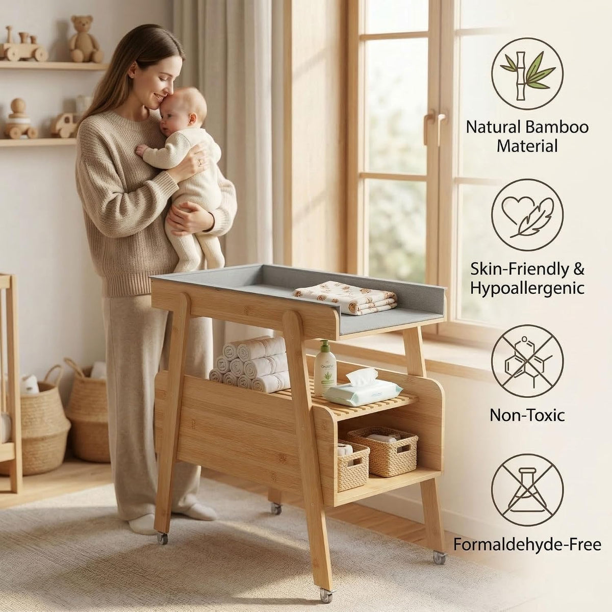 Diaper Changing Station Baby Flat Top Changing Table with Wheels and Changing Pad Nursery Organizer & Storage Rack Mobile Nursery Diaper Changing Table for Baby, Newborn (Nature)
