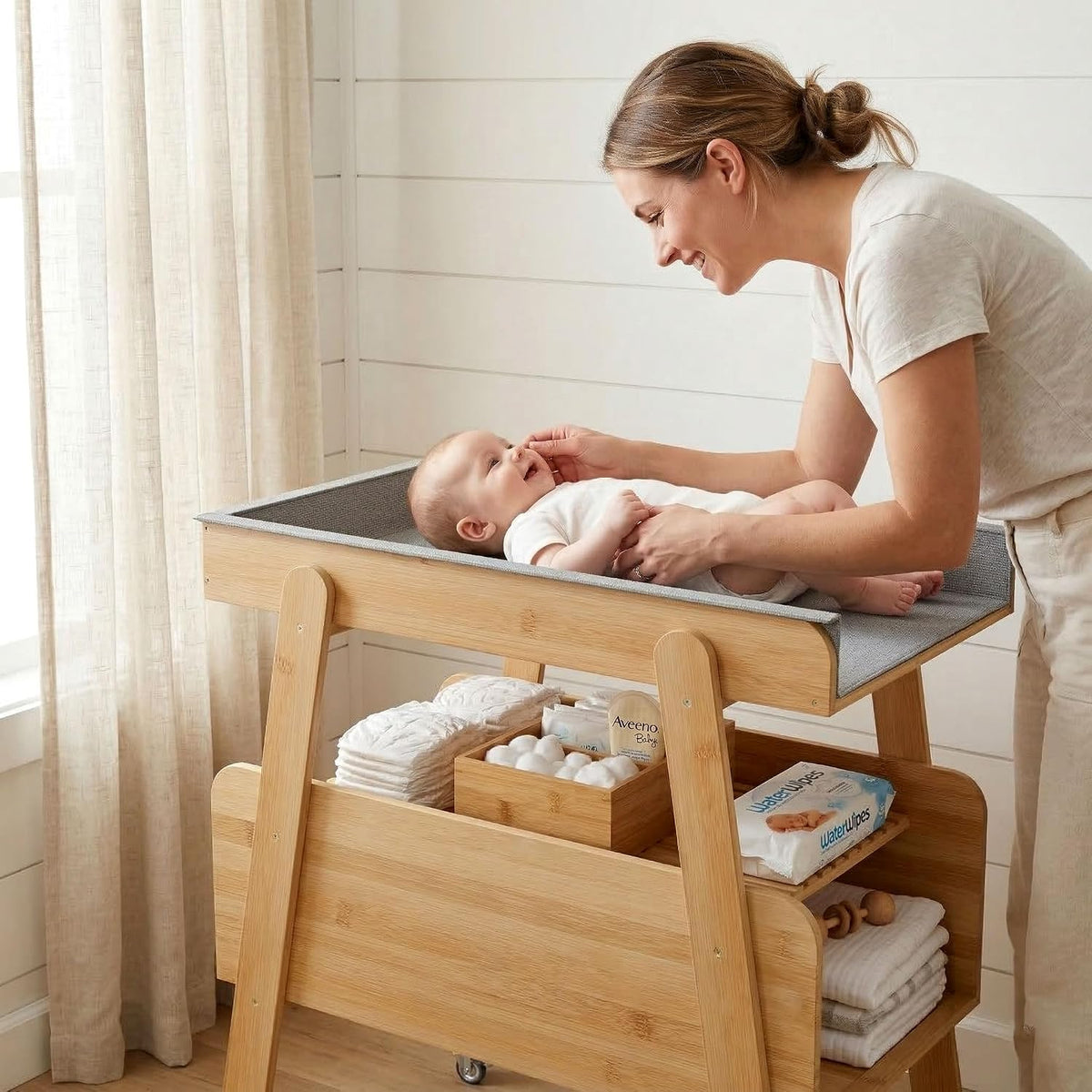 Diaper Changing Station Baby Flat Top Changing Table with Wheels and Changing Pad Nursery Organizer & Storage Rack Mobile Nursery Diaper Changing Table for Baby, Newborn (Nature)