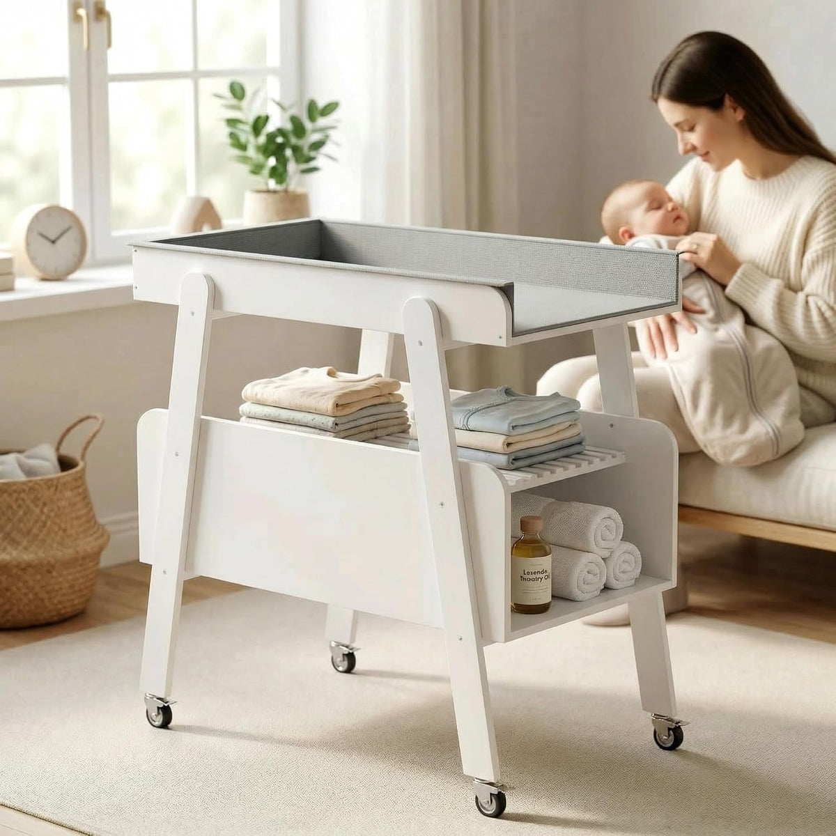 Diaper Changing Station Baby Flat Top Changing Table with Wheels and Changing Pad Nursery Organizer & Storage Rack Mobile Nursery Diaper Changing Table for Baby, Newborn (Nature)