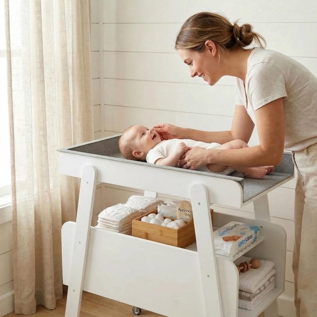 Diaper Changing Station Baby Flat Top Changing Table with Wheels and Changing Pad Nursery Organizer & Storage Rack Mobile Nursery Diaper Changing Table for Baby, Newborn (Nature)