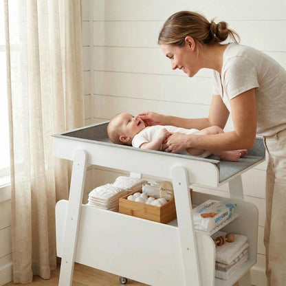 Diaper Changing Station Baby Flat Top Changing Table with Wheels and Changing Pad Nursery Organizer & Storage Rack Mobile Nursery Diaper Changing Table for Baby, Newborn (Nature)