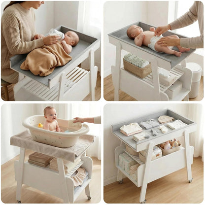 Diaper Changing Station Baby Flat Top Changing Table with Wheels and Changing Pad Nursery Organizer & Storage Rack Mobile Nursery Diaper Changing Table for Baby, Newborn (Nature)