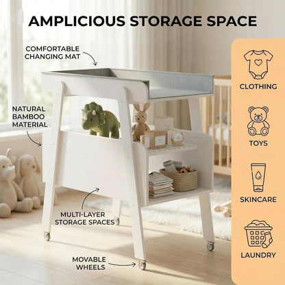 Diaper Changing Station Baby Flat Top Changing Table with Wheels and Changing Pad Nursery Organizer & Storage Rack Mobile Nursery Diaper Changing Table for Baby, Newborn (Nature)