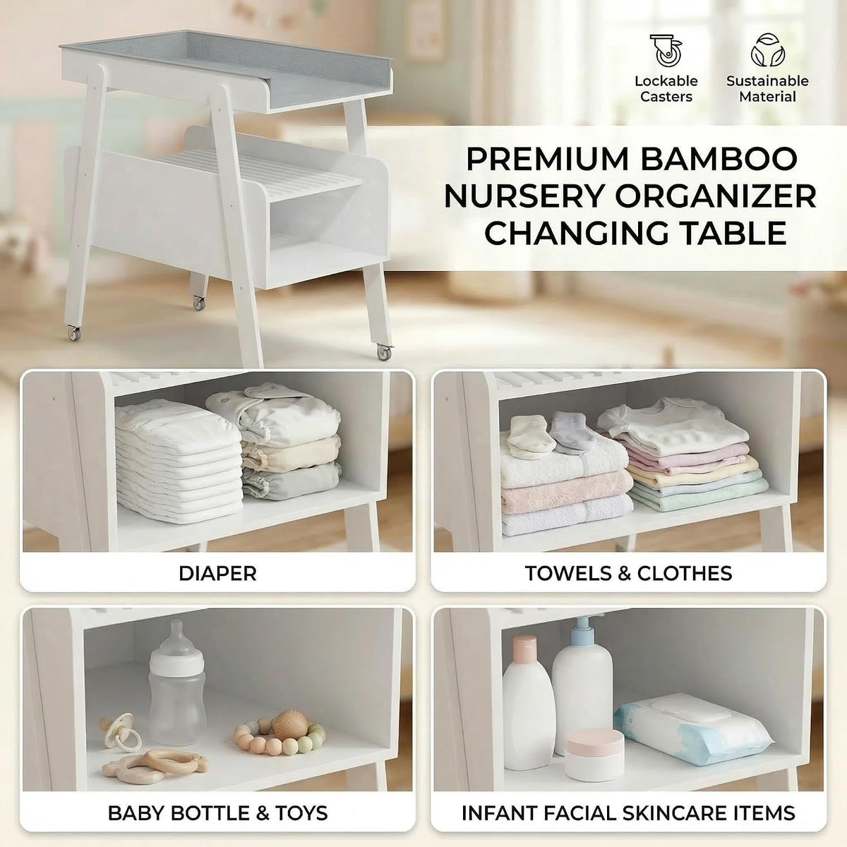 Diaper Changing Station Baby Flat Top Changing Table with Wheels and Changing Pad Nursery Organizer & Storage Rack Mobile Nursery Diaper Changing Table for Baby, Newborn (Nature)