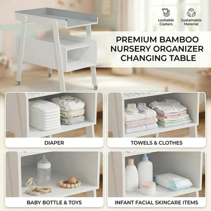 Diaper Changing Station Baby Flat Top Changing Table with Wheels and Changing Pad Nursery Organizer & Storage Rack Mobile Nursery Diaper Changing Table for Baby, Newborn (Nature)