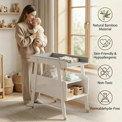 Diaper Changing Station Baby Flat Top Changing Table with Wheels and Changing Pad Nursery Organizer & Storage Rack Mobile Nursery Diaper Changing Table for Baby, Newborn (Nature)