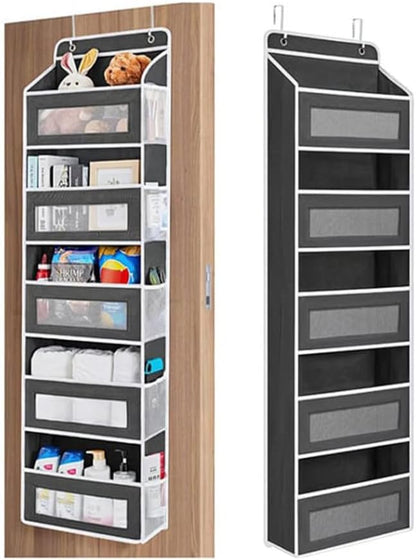 Five Tier Over The Door Organizer, Hanging Door Storage Organizer with Clear Windows & Side Pockets, Behind Door Storage for Bedroom, Bathroom, Pantry, Closet & Nursery (Black)
