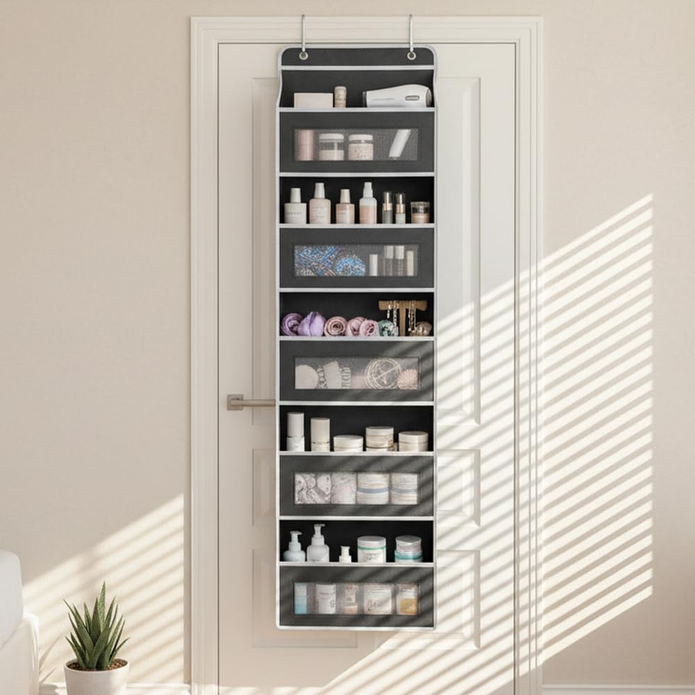 Five Tier Over The Door Organizer, Hanging Door Storage Organizer with Clear Windows & Side Pockets, Behind Door Storage for Bedroom, Bathroom, Pantry, Closet & Nursery (Black)