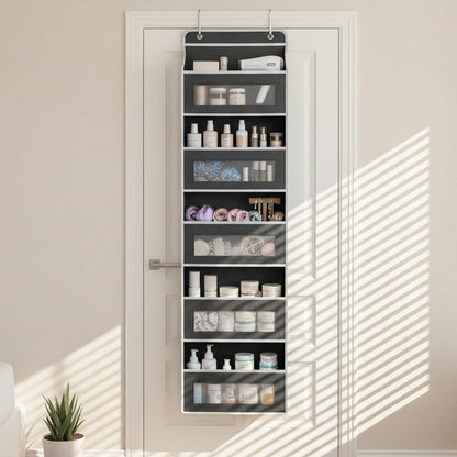 Five Tier Over The Door Organizer, Hanging Door Storage Organizer with Clear Windows & Side Pockets, Behind Door Storage for Bedroom, Bathroom, Pantry, Closet & Nursery (Black)