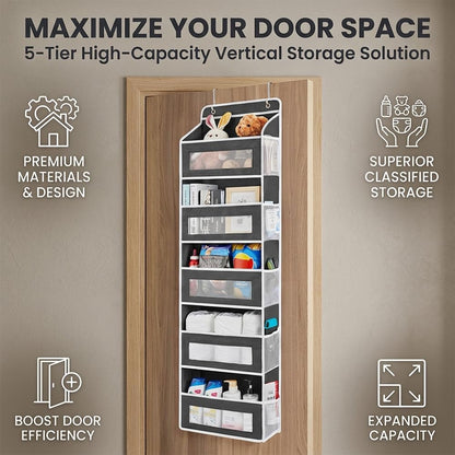 Five Tier Over The Door Organizer, Hanging Door Storage Organizer with Clear Windows & Side Pockets, Behind Door Storage for Bedroom, Bathroom, Pantry, Closet & Nursery (Black)