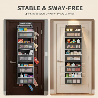 Five Tier Over The Door Organizer, Hanging Door Storage Organizer with Clear Windows & Side Pockets, Behind Door Storage for Bedroom, Bathroom, Pantry, Closet & Nursery (Black)