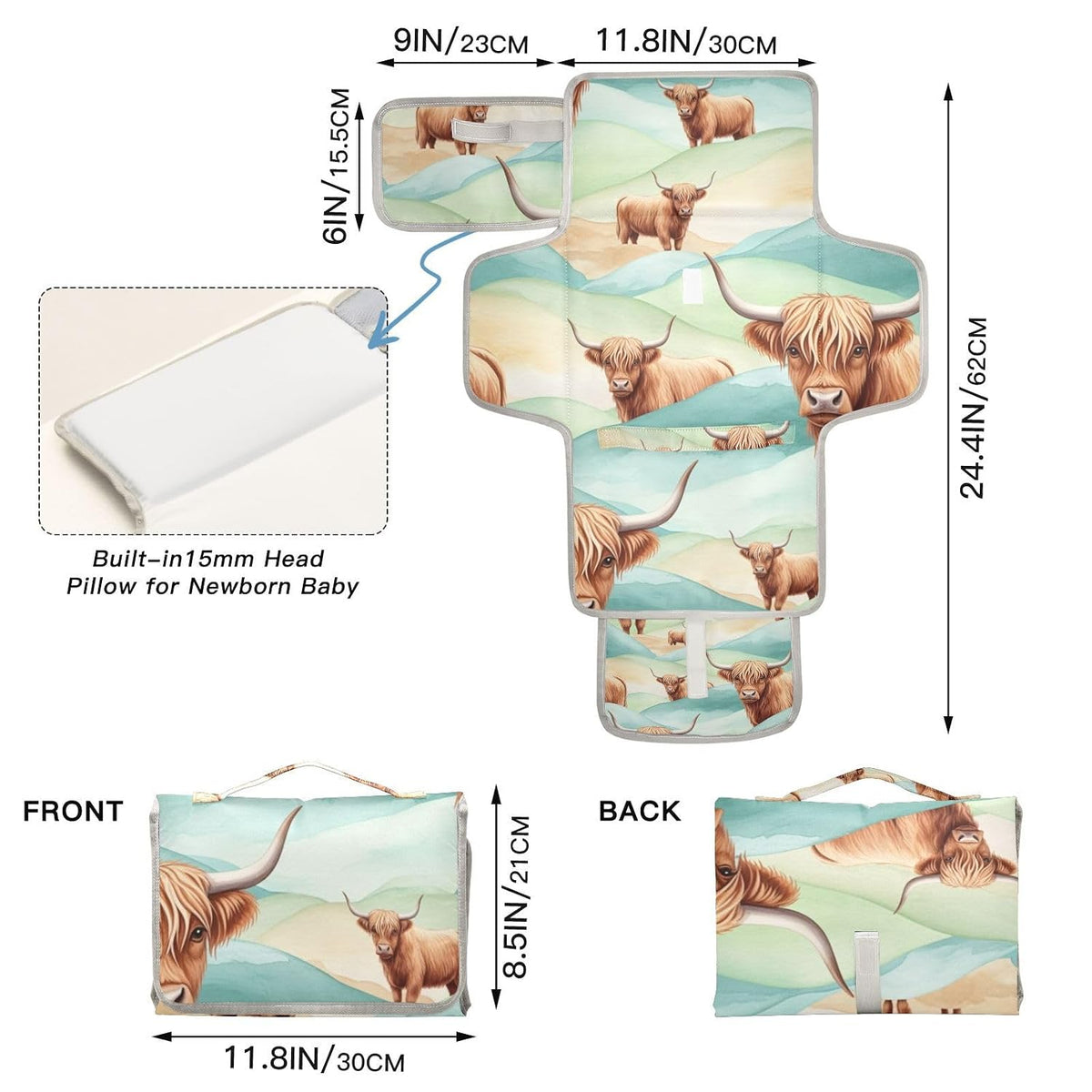Highland Cow Pattern Portable Diaper Changing Pad Nursery