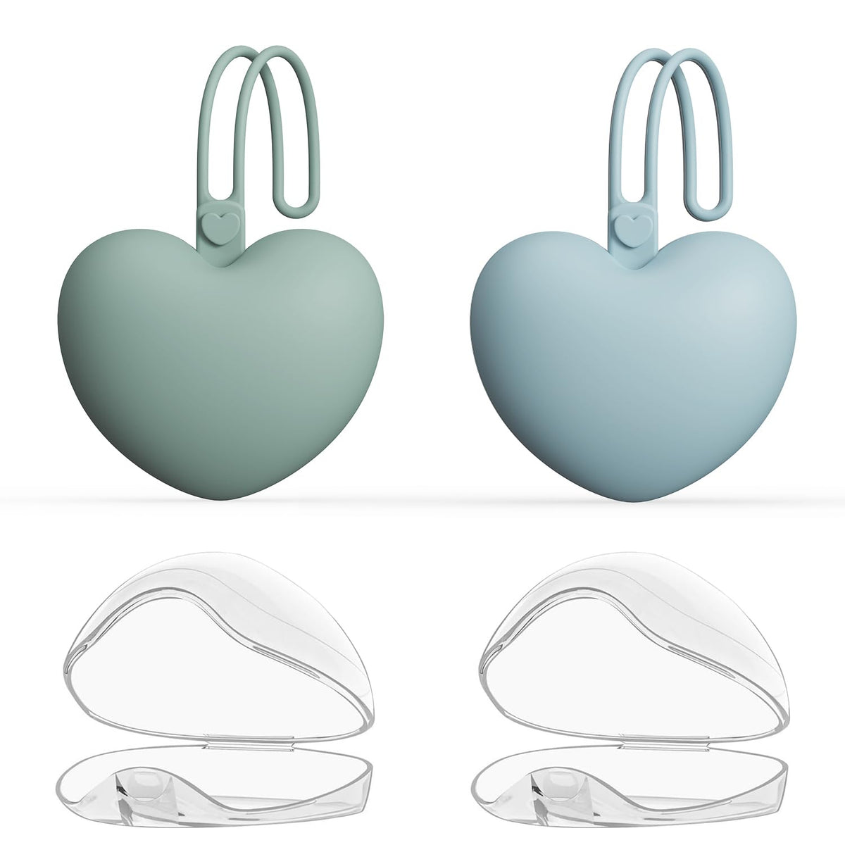 4PCS Pacifier Holder Case Set, 2pcs Silicone Portable Pacifier Pouch and 2pcs Transparent Pacifier Storage Container, Cute Heart Shape Pacifier Storage Case for Newborn Baby（Green&Khaki）