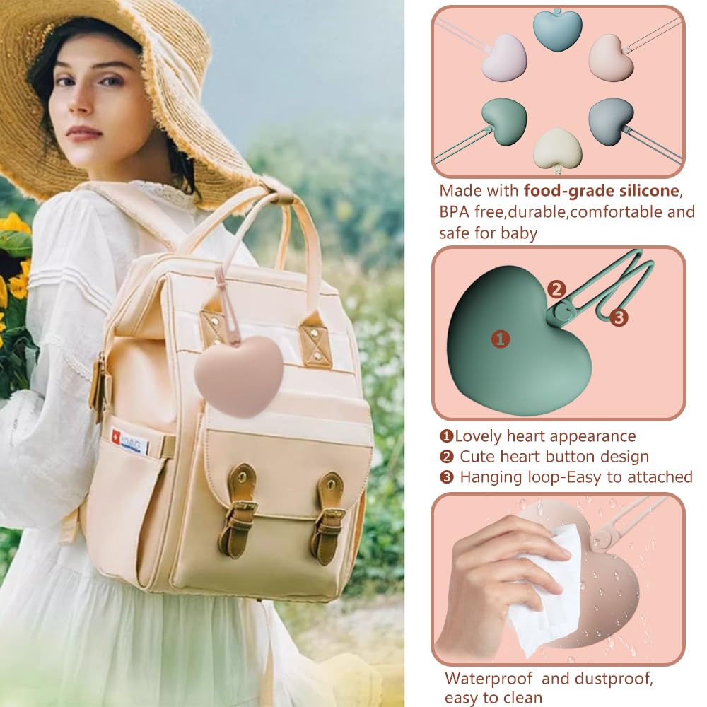 4PCS Pacifier Holder Case Set, 2pcs Silicone Portable Pacifier Pouch and 2pcs Transparent Pacifier Storage Container, Cute Heart Shape Pacifier Storage Case for Newborn Baby（Green&Khaki）