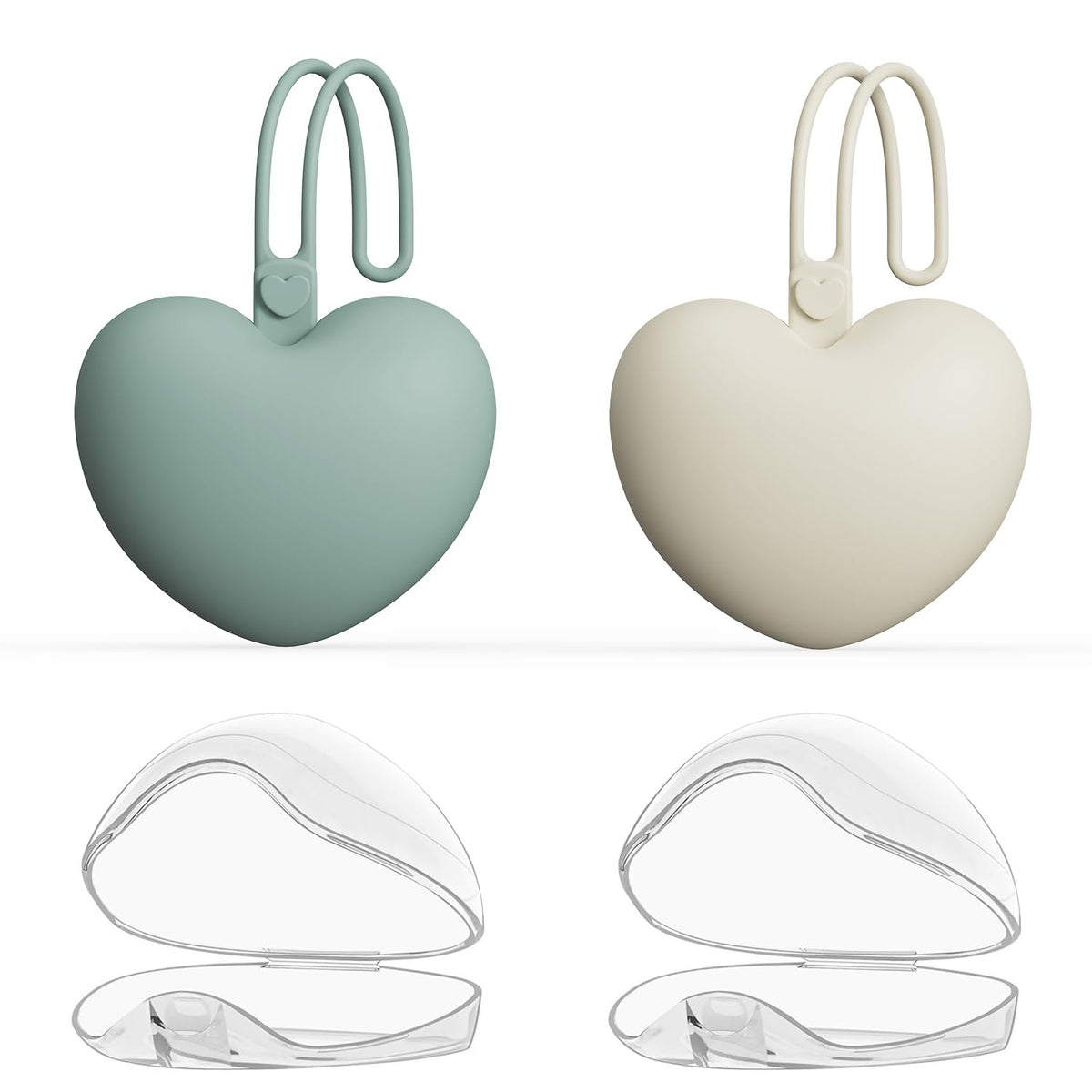 4PCS Pacifier Holder Case Set, 2pcs Silicone Portable Pacifier Pouch and 2pcs Transparent Pacifier Storage Container, Cute Heart Shape Pacifier Storage Case for Newborn Baby（Green&Khaki）