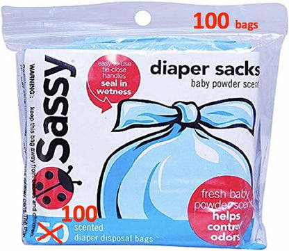 Disposable Diaper Sacks, Powder Scented, 4-25 Sacks per Roll, Easy-to-Tie, Diaper Disposal or Pet Waste Bags