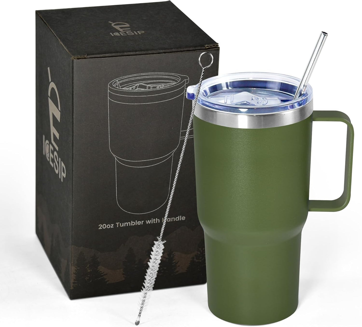 20 oz Tumbler with Handle, insulated cup coffee mug with lid, straw and handle, Double Wall Stainless Steel Vacuum Coffee Tumbler travel mug spill proof, 1pcs Navy Blue
