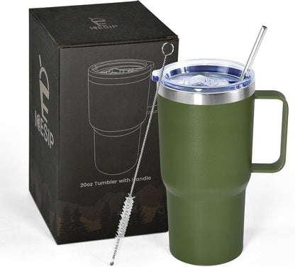 20 oz Tumbler with Handle, insulated cup coffee mug with lid, straw and handle, Double Wall Stainless Steel Vacuum Coffee Tumbler travel mug spill proof, 1pcs Navy Blue