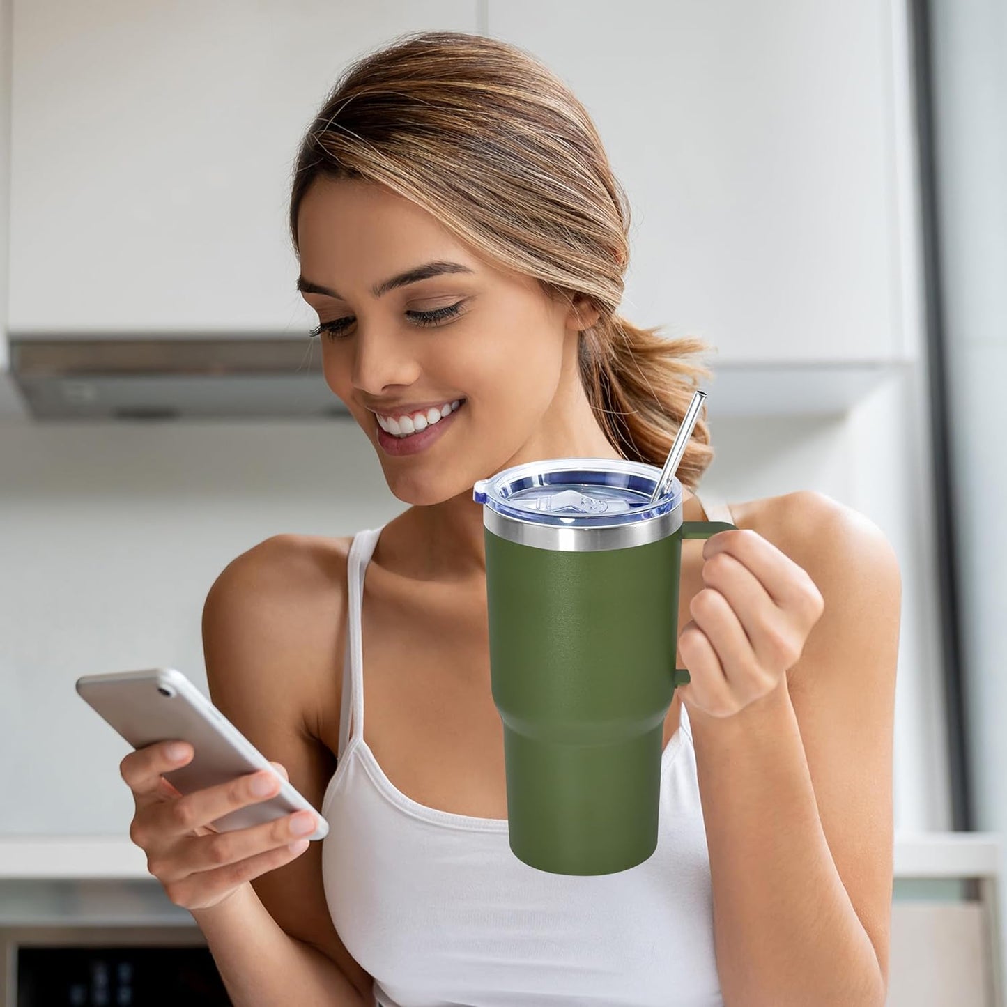 20 oz Tumbler with Handle, insulated cup coffee mug with lid, straw and handle, Double Wall Stainless Steel Vacuum Coffee Tumbler travel mug spill proof, 1pcs Navy Blue