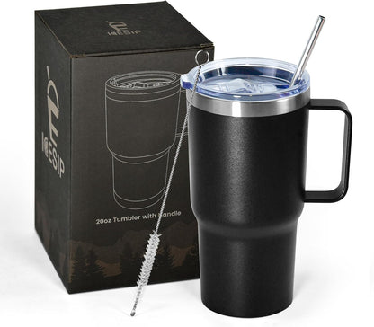 20 oz Tumbler with Handle, insulated cup coffee mug with lid, straw and handle, Double Wall Stainless Steel Vacuum Coffee Tumbler travel mug spill proof, 1pcs Navy Blue