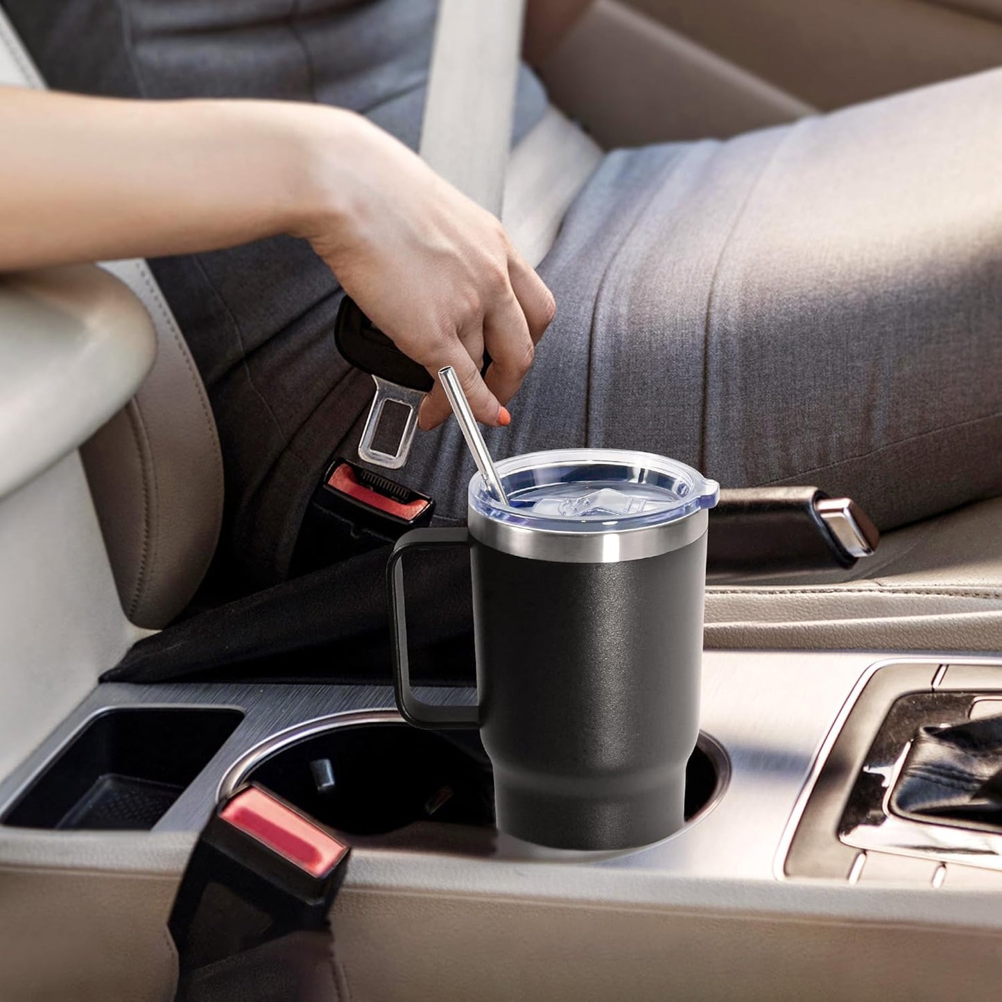 20 oz Tumbler with Handle, insulated cup coffee mug with lid, straw and handle, Double Wall Stainless Steel Vacuum Coffee Tumbler travel mug spill proof, 1pcs Navy Blue