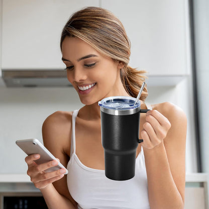 20 oz Tumbler with Handle, insulated cup coffee mug with lid, straw and handle, Double Wall Stainless Steel Vacuum Coffee Tumbler travel mug spill proof, 1pcs Navy Blue