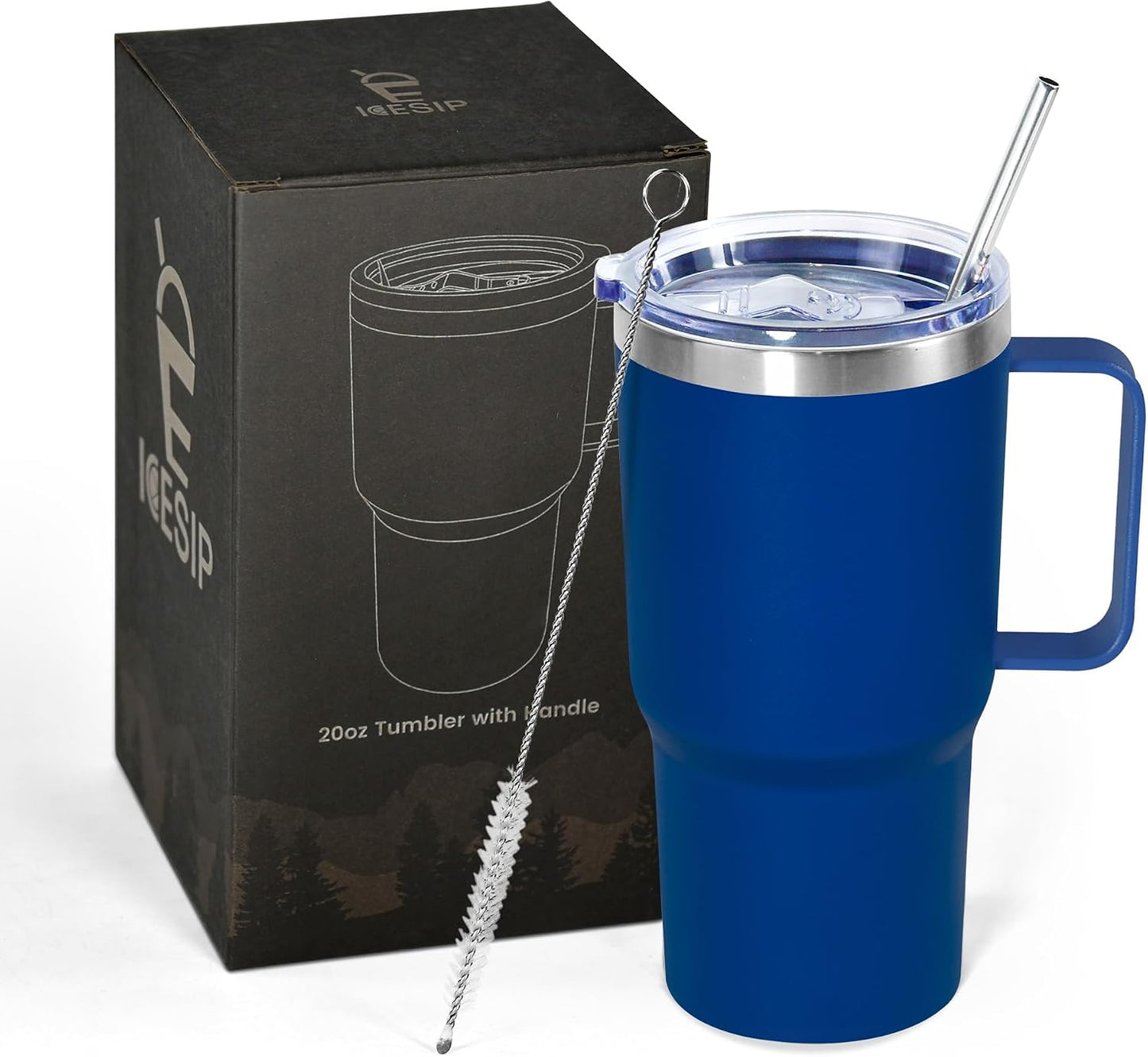 20 oz Tumbler with Handle, insulated cup coffee mug with lid, straw and handle, Double Wall Stainless Steel Vacuum Coffee Tumbler travel mug spill proof, 1pcs Navy Blue