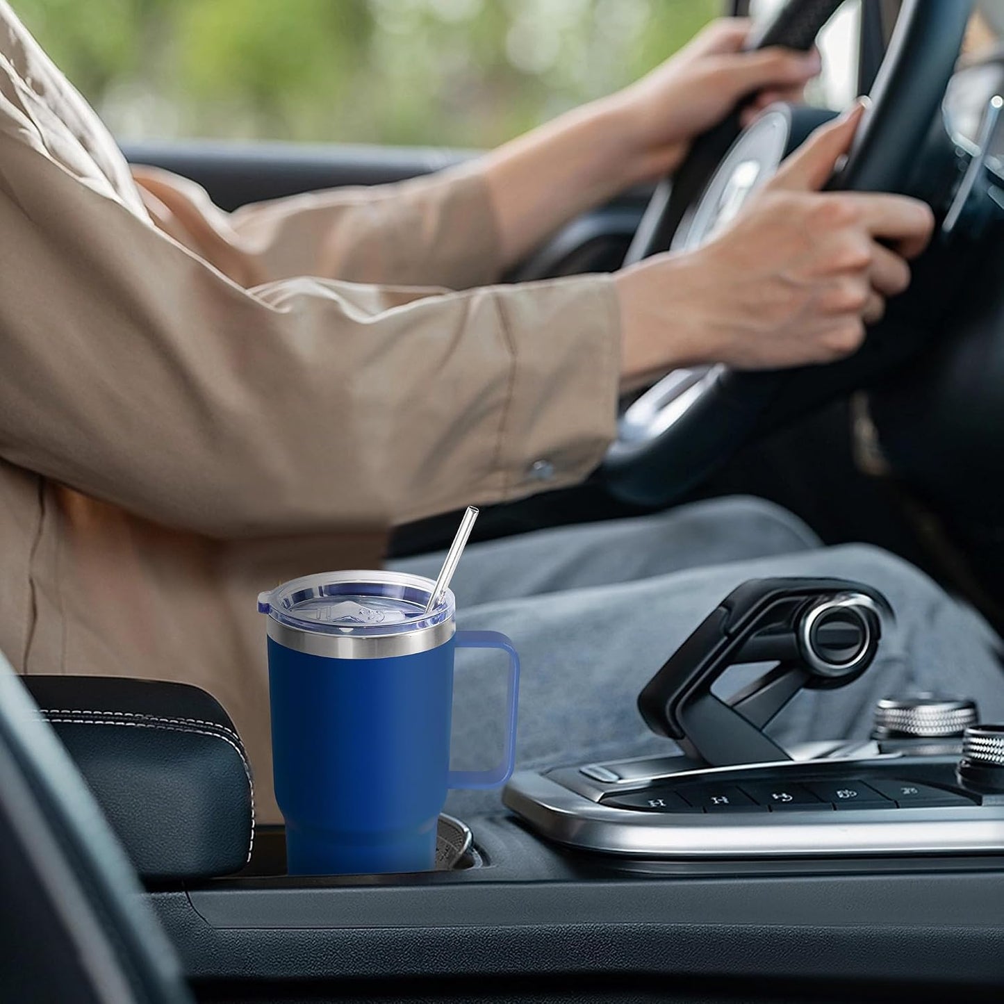 20 oz Tumbler with Handle, insulated cup coffee mug with lid, straw and handle, Double Wall Stainless Steel Vacuum Coffee Tumbler travel mug spill proof, 1pcs Navy Blue