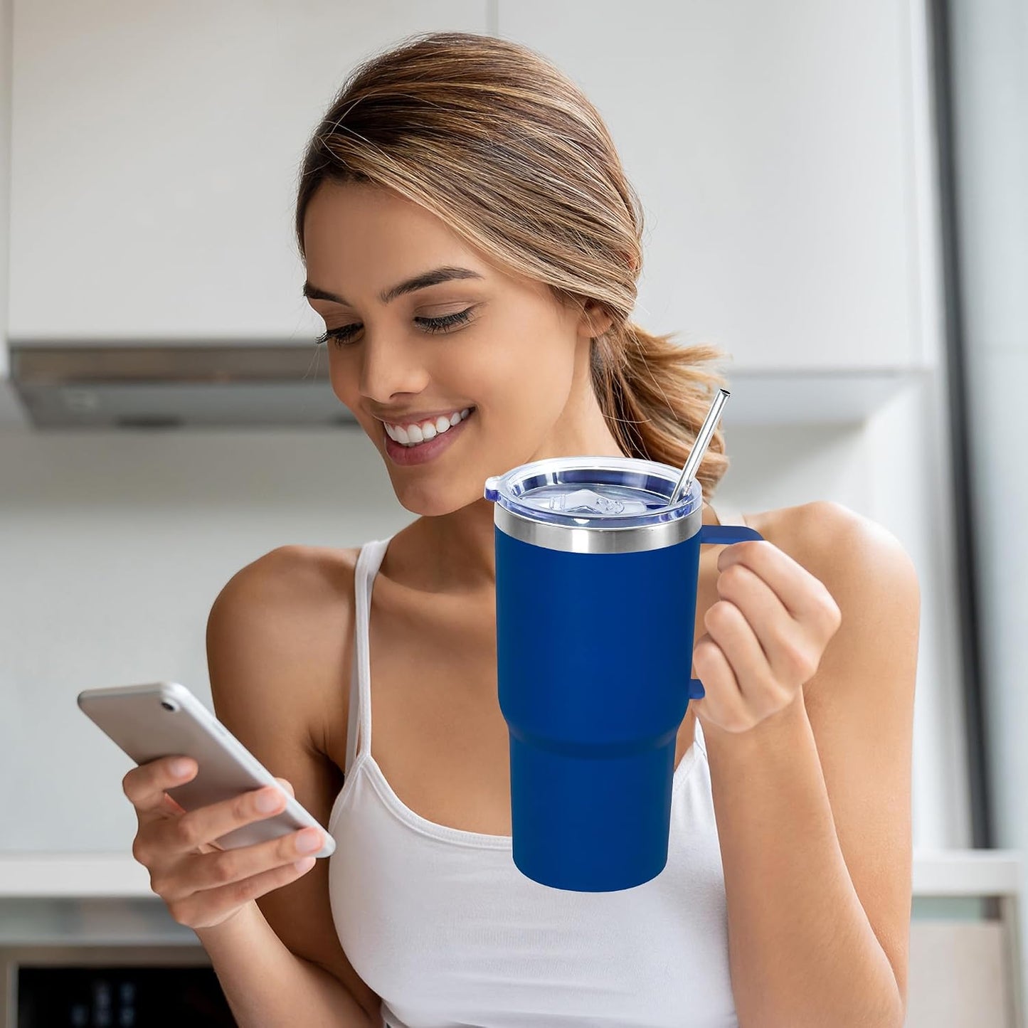 20 oz Tumbler with Handle, insulated cup coffee mug with lid, straw and handle, Double Wall Stainless Steel Vacuum Coffee Tumbler travel mug spill proof, 1pcs Navy Blue