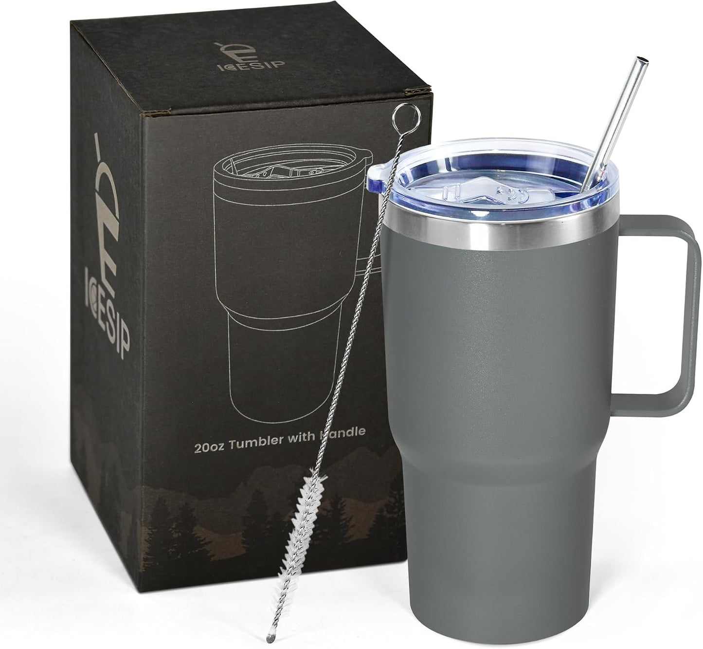20 oz Tumbler with Handle, insulated cup coffee mug with lid, straw and handle, Double Wall Stainless Steel Vacuum Coffee Tumbler travel mug spill proof, 1pcs Navy Blue