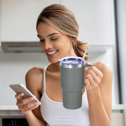 20 oz Tumbler with Handle, insulated cup coffee mug with lid, straw and handle, Double Wall Stainless Steel Vacuum Coffee Tumbler travel mug spill proof, 1pcs Navy Blue