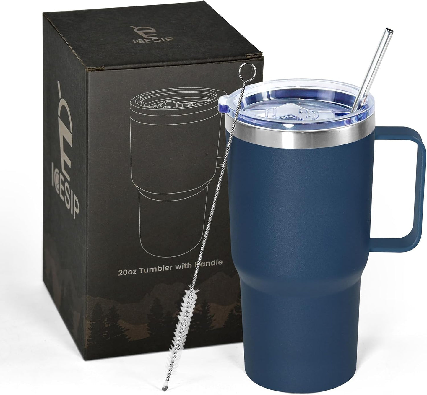 20 oz Tumbler with Handle, insulated cup coffee mug with lid, straw and handle, Double Wall Stainless Steel Vacuum Coffee Tumbler travel mug spill proof, 1pcs Navy Blue