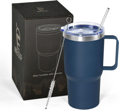 20 oz Tumbler with Handle, insulated cup coffee mug with lid, straw and handle, Double Wall Stainless Steel Vacuum Coffee Tumbler travel mug spill proof, 1pcs Navy Blue