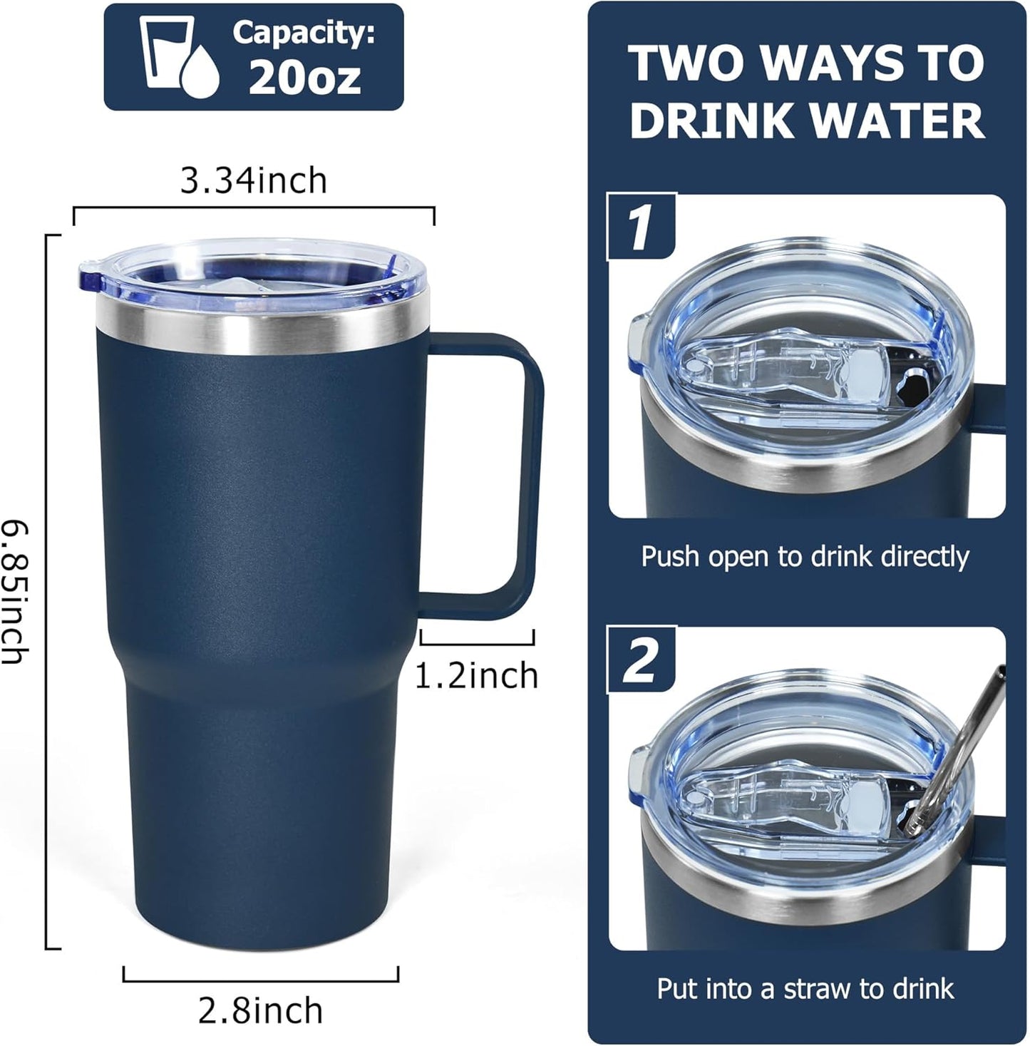 20 oz Tumbler with Handle, insulated cup coffee mug with lid, straw and handle, Double Wall Stainless Steel Vacuum Coffee Tumbler travel mug spill proof, 1pcs Navy Blue