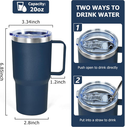 20 oz Tumbler with Handle, insulated cup coffee mug with lid, straw and handle, Double Wall Stainless Steel Vacuum Coffee Tumbler travel mug spill proof, 1pcs Navy Blue