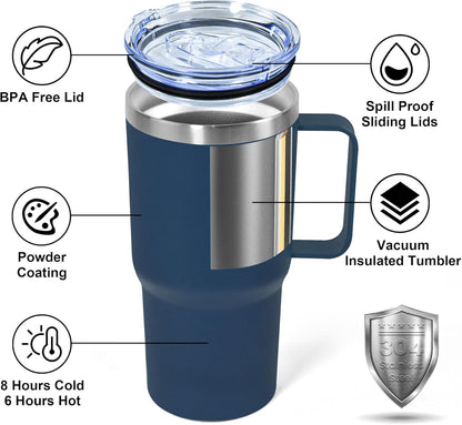 20 oz Tumbler with Handle, insulated cup coffee mug with lid, straw and handle, Double Wall Stainless Steel Vacuum Coffee Tumbler travel mug spill proof, 1pcs Navy Blue