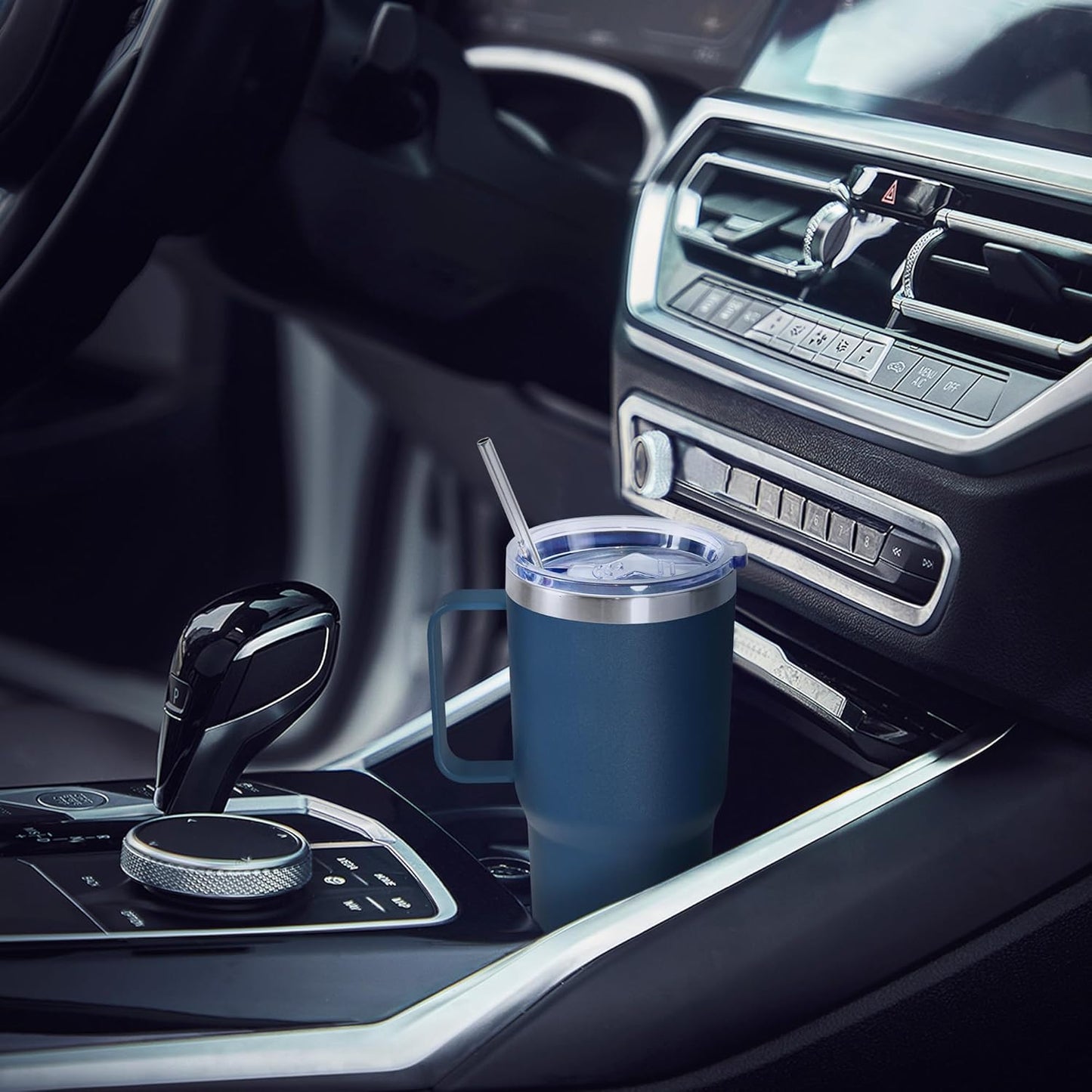 20 oz Tumbler with Handle, insulated cup coffee mug with lid, straw and handle, Double Wall Stainless Steel Vacuum Coffee Tumbler travel mug spill proof, 1pcs Navy Blue
