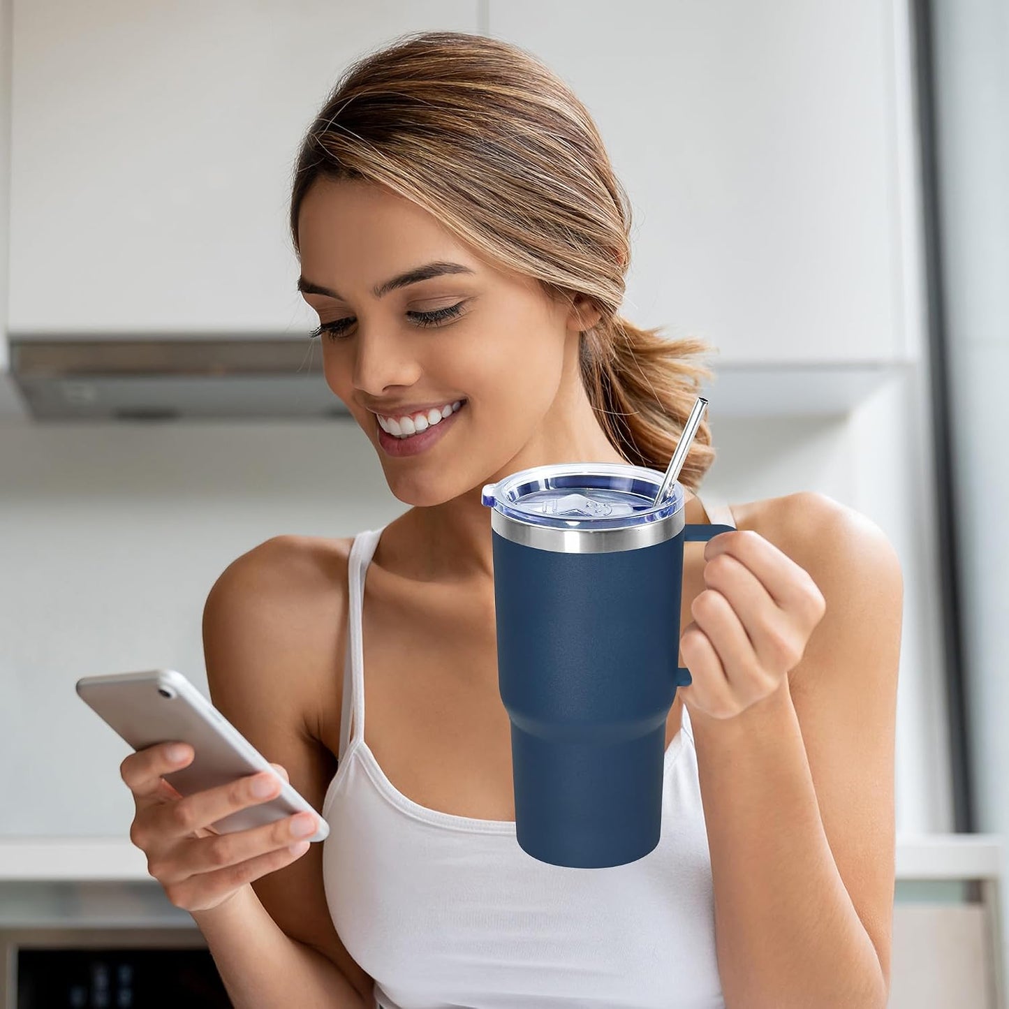 20 oz Tumbler with Handle, insulated cup coffee mug with lid, straw and handle, Double Wall Stainless Steel Vacuum Coffee Tumbler travel mug spill proof, 1pcs Navy Blue