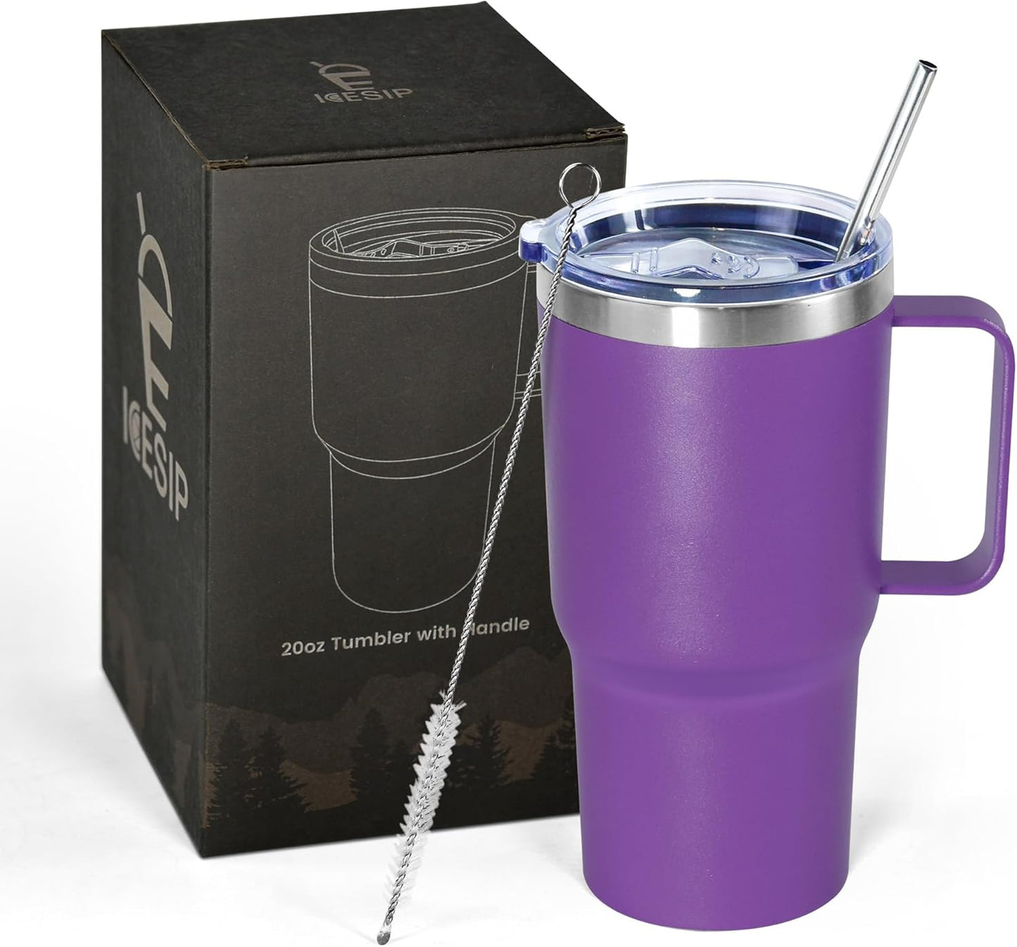 20 oz Tumbler with Handle, insulated cup coffee mug with lid, straw and handle, Double Wall Stainless Steel Vacuum Coffee Tumbler travel mug spill proof, 1pcs Navy Blue