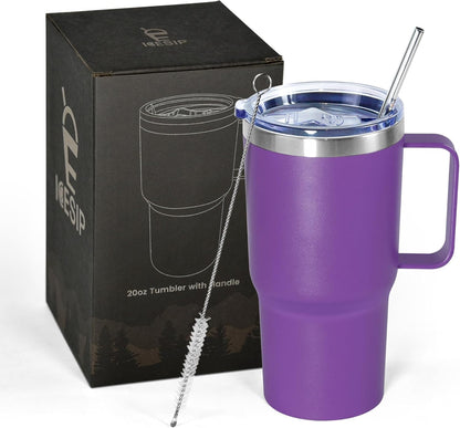 20 oz Tumbler with Handle, insulated cup coffee mug with lid, straw and handle, Double Wall Stainless Steel Vacuum Coffee Tumbler travel mug spill proof, 1pcs Navy Blue