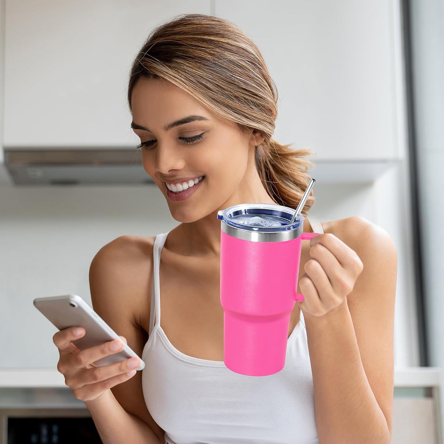 20 oz Tumbler with Handle, insulated cup coffee mug with lid, straw and handle, Double Wall Stainless Steel Vacuum Coffee Tumbler travel mug spill proof, 1pcs Navy Blue