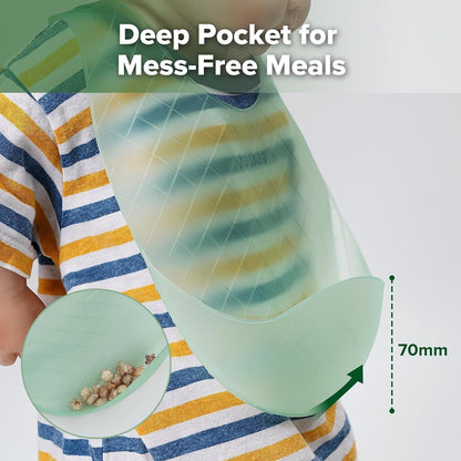 Lightweight Silicone Pocket Bib – Ultra-Light & Foldable Travel Silicone Baby Bibs with Deep Food Catcher Pocket, Adjustable Waterproof Design, Baby Feeding Essentials