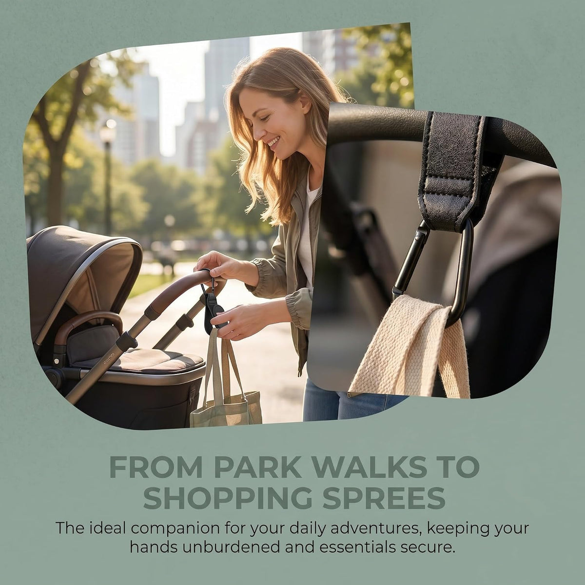2pcs Stroller Hooks in Black Faux Leather with Widened Structure and Rounded Edges, Heavy Duty Non-Slip Organizer Clips for Grocery Bags and Diaper Bags, for Outdoor and Travel Use
