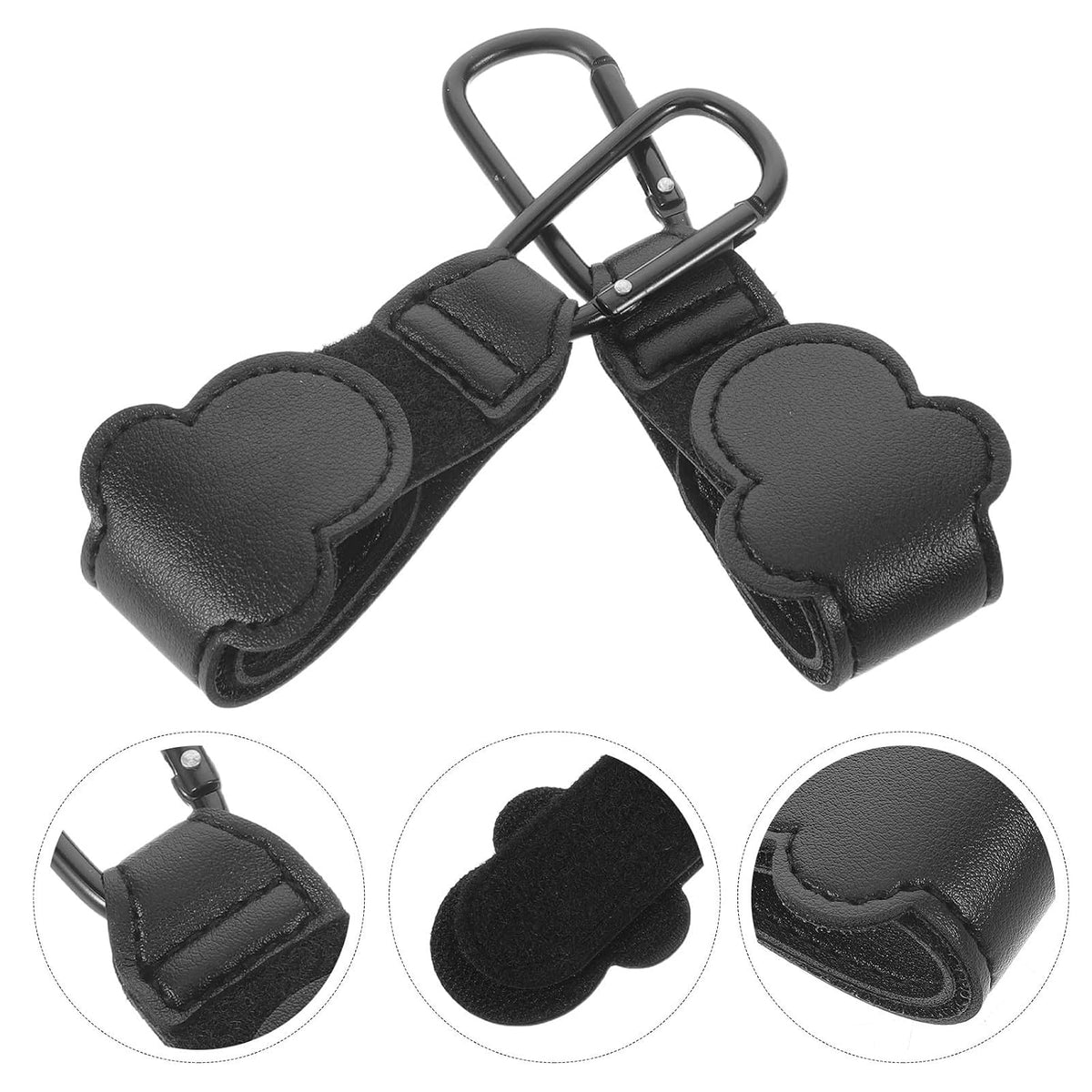2pcs Stroller Hooks in Black Faux Leather with Widened Structure and Rounded Edges, Heavy Duty Non-Slip Organizer Clips for Grocery Bags and Diaper Bags, for Outdoor and Travel Use