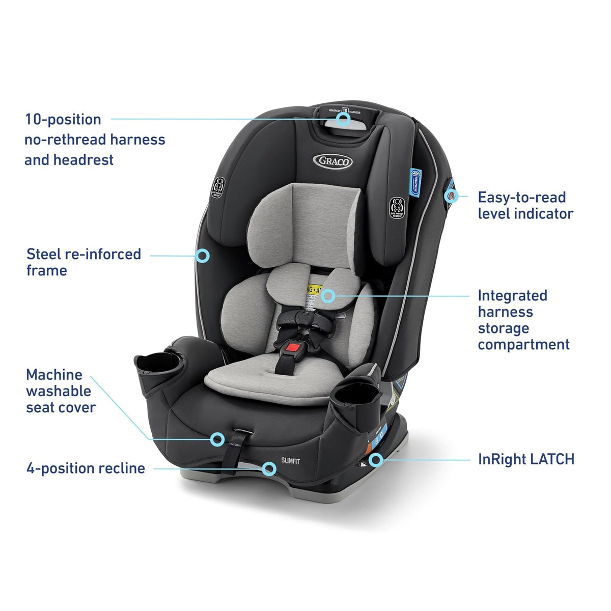 Slimfit 3-in-1 Convertible Car Seat, Slim Car Seat with Space-Saving Design, Highback Booster Seat with 10-Position Headrest, Rear Facing and Forward Facing Carseat, Darcie